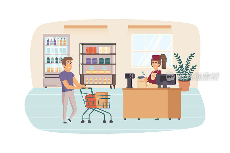 Man shopping at supermarket scene. Customer with cart waits to pay for groceries at cashier. Retail sales, buying food in grocery store concept. Vector illustration of people characters